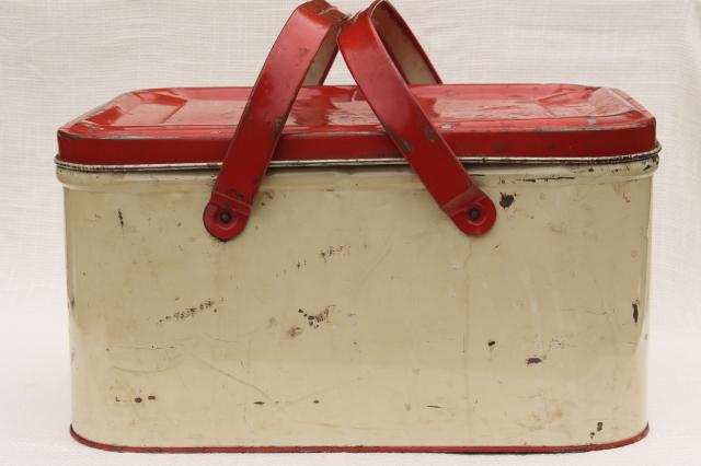 photo of 1940s 50s vintage tin picnic basket, red strawberry print hamper w/ handles  #6