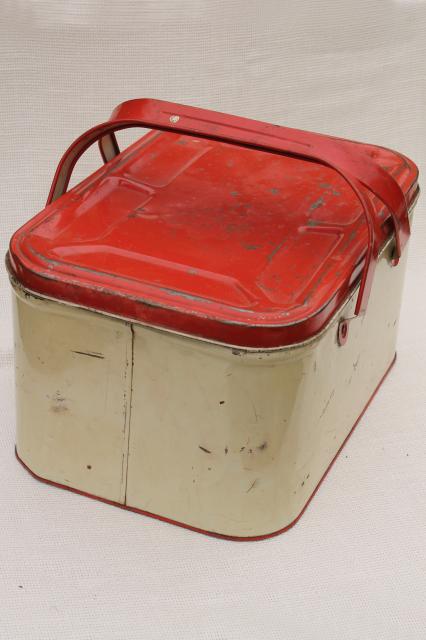 photo of 1940s 50s vintage tin picnic basket, red strawberry print hamper w/ handles  #7