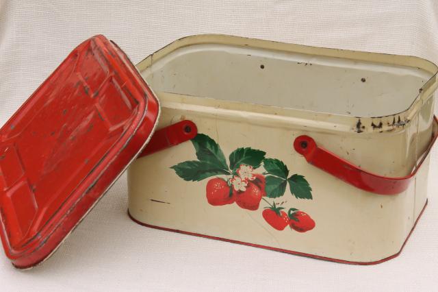 photo of 1940s 50s vintage tin picnic basket, red strawberry print hamper w/ handles  #8