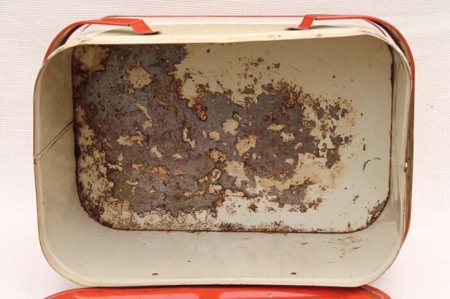 photo of 1940s 50s vintage tin picnic basket, red strawberry print hamper w/ handles  #9