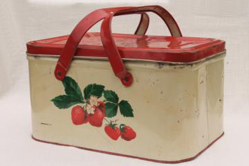 catalog photo of 1940s 50s vintage tin picnic basket, red strawberry print hamper w/ handles 