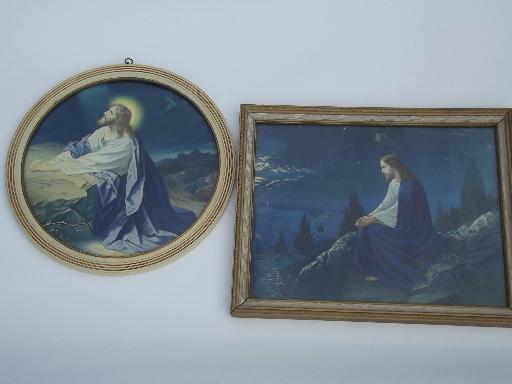 photo of 1940s 50s vintage wood framed religious prints, Jesus in the Garden #1