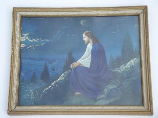 photo of 1940s 50s vintage wood framed religious prints, Jesus in the Garden #2