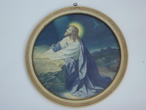 photo of 1940s 50s vintage wood framed religious prints, Jesus in the Garden #5