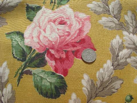 photo of 1940s Rosehall print cotton decorator fabric, pink cabbage roses on yellow #2
