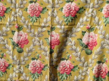 catalog photo of 1940s Rosehall print cotton decorator fabric, pink cabbage roses on yellow