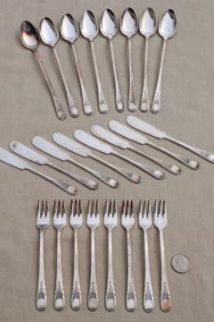 catalog photo of 1940s Sears Roebuck silver plate flatware, Newport pattern silverware ice tea spoons, cocktail forks