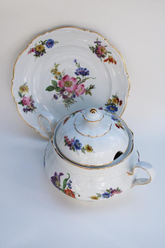 photo of 1940s Western Germany JKW Bavaria china Dresden pattern soup tureen w/ under plate #1