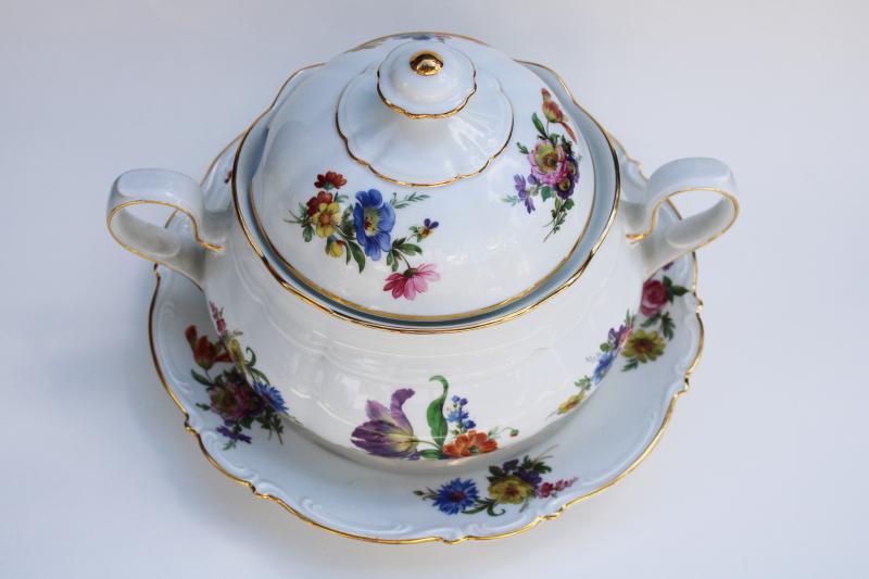photo of 1940s Western Germany JKW Bavaria china Dresden pattern soup tureen w/ under plate #2