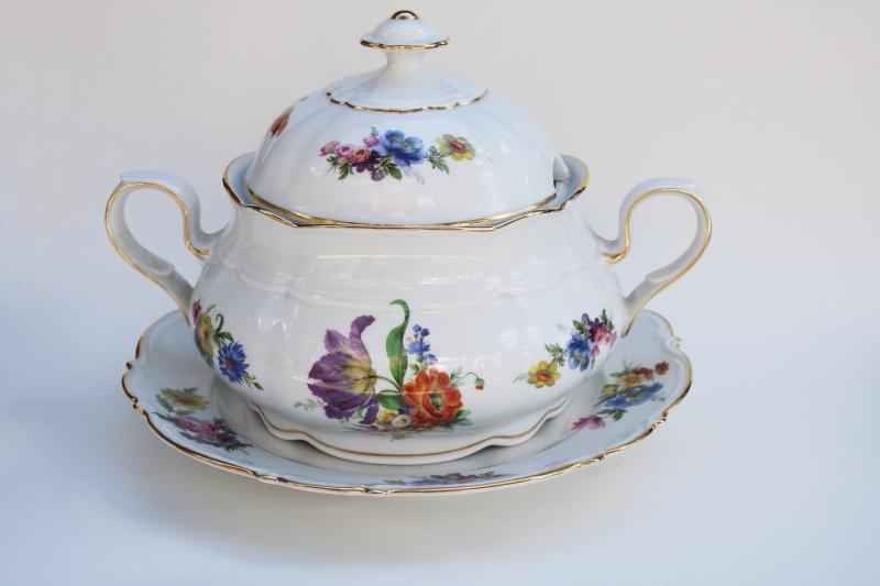 photo of 1940s Western Germany JKW Bavaria china Dresden pattern soup tureen w/ under plate #3