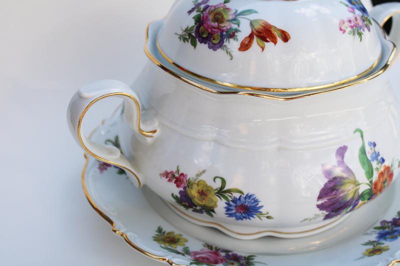 photo of 1940s Western Germany JKW Bavaria china Dresden pattern soup tureen w/ under plate #6