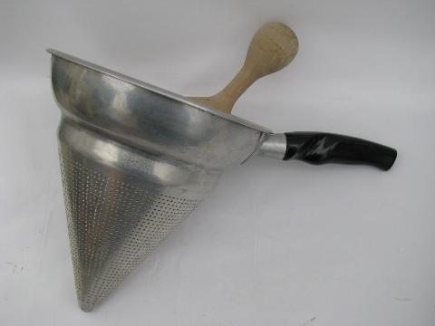 photo of 1940s food mill, colander style strainer w/ wood pestle masher #1