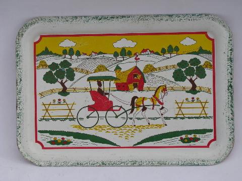 photo of 1940s metal litho print tray, old-fashioned buggy scene, spongeware border #1