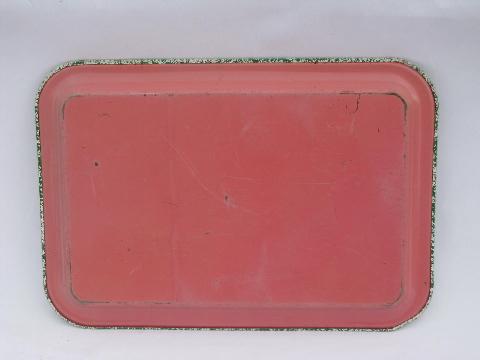 photo of 1940s metal litho print tray, old-fashioned buggy scene, spongeware border #2