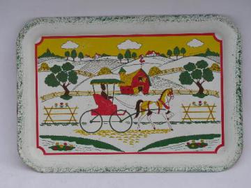 catalog photo of 1940s metal litho print tray, old-fashioned buggy scene, spongeware border