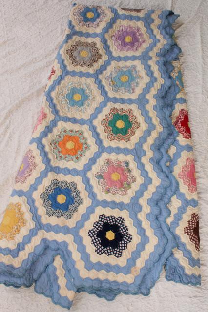 photo of 1940s or 50s vintage Grandma's flower garden patchwork quilt, bright cotton print fabric #1