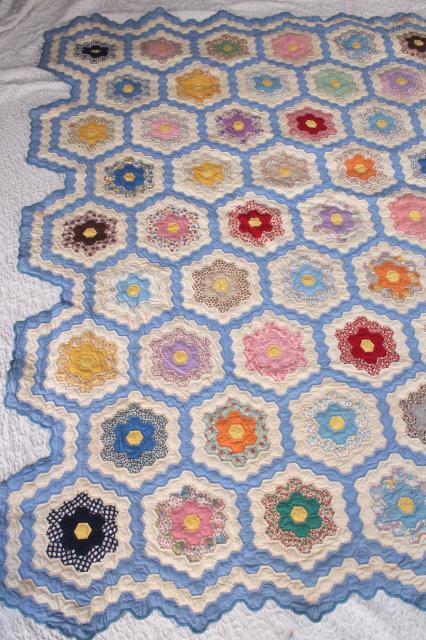 photo of 1940s or 50s vintage Grandma's flower garden patchwork quilt, bright cotton print fabric #6