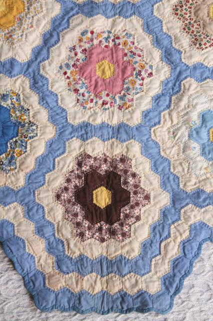 photo of 1940s or 50s vintage Grandma's flower garden patchwork quilt, bright cotton print fabric #7