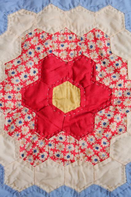 photo of 1940s or 50s vintage Grandma's flower garden patchwork quilt, bright cotton print fabric #9