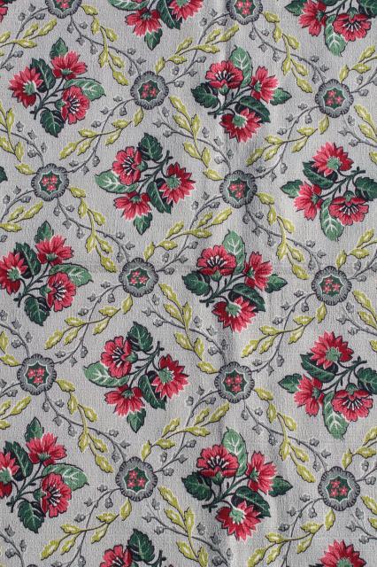 photo of 1940s or 50s vintage cotton barkcloth fabric, floral print on grey, unused upholstery cloth #1