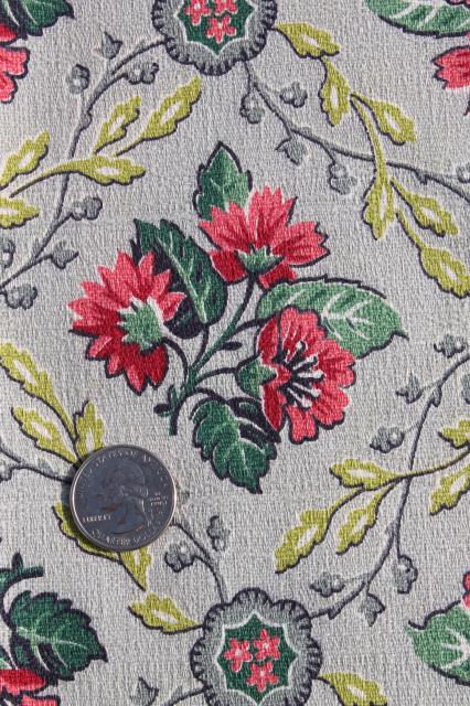 photo of 1940s or 50s vintage cotton barkcloth fabric, floral print on grey, unused upholstery cloth #2