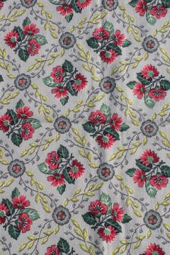 catalog photo of 1940s or 50s vintage cotton barkcloth fabric, floral print on grey, unused upholstery cloth