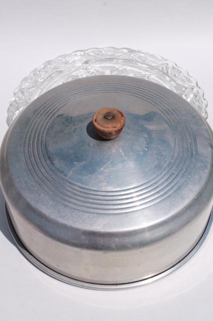 photo of 1940s or 50s vintage kitchen glass cake plate w/ metal cake cover dome #10