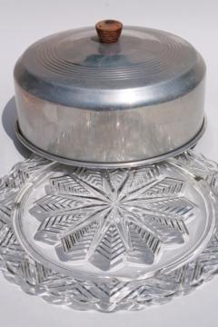 catalog photo of 1940s or 50s vintage kitchen glass cake plate w/ metal cake cover dome