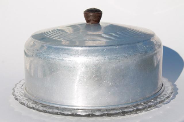 photo of 1940s or 50s vintage kitchen glass cake plate w/ metal cake cover dome #1