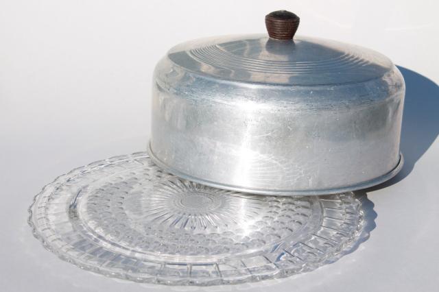 photo of 1940s or 50s vintage kitchen glass cake plate w/ metal cake cover dome #2