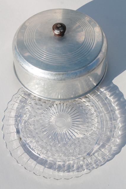 photo of 1940s or 50s vintage kitchen glass cake plate w/ metal cake cover dome #6