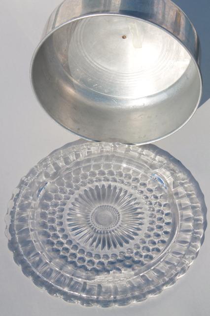 photo of 1940s or 50s vintage kitchen glass cake plate w/ metal cake cover dome #7