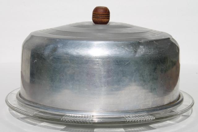 photo of 1940s or 50s vintage kitchen glass cake plate w/ metal cake cover dome #1
