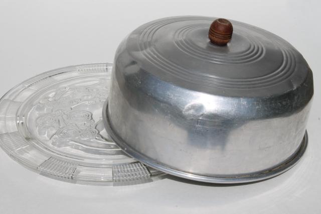 photo of 1940s or 50s vintage kitchen glass cake plate w/ metal cake cover dome #3