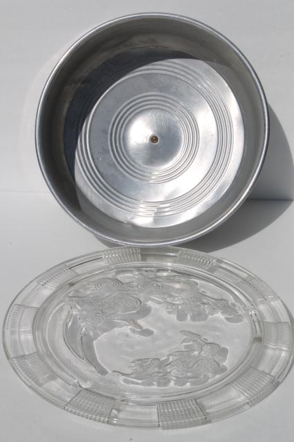 photo of 1940s or 50s vintage kitchen glass cake plate w/ metal cake cover dome #9