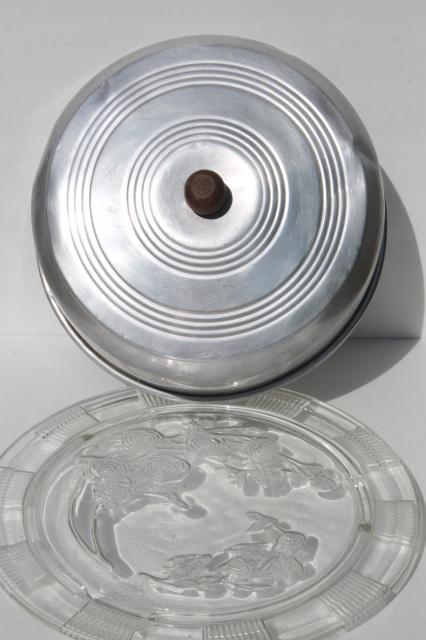 photo of 1940s or 50s vintage kitchen glass cake plate w/ metal cake cover dome #10