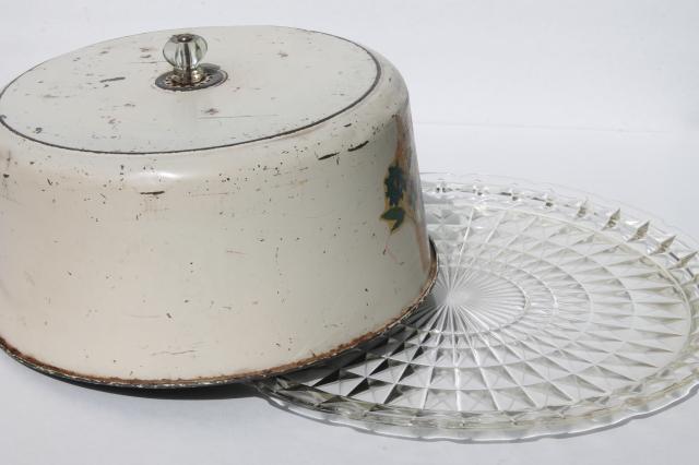 photo of 1940s or 50s vintage kitchen glass cake plate w/ metal cake cover dome #3