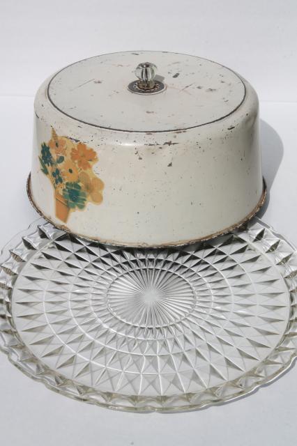 photo of 1940s or 50s vintage kitchen glass cake plate w/ metal cake cover dome #4