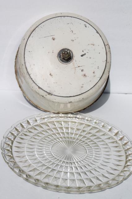 photo of 1940s or 50s vintage kitchen glass cake plate w/ metal cake cover dome #9