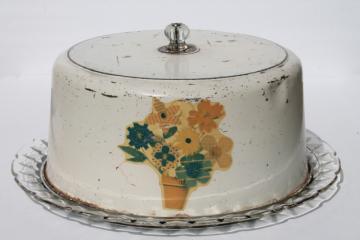 catalog photo of 1940s or 50s vintage kitchen glass cake plate w/ metal cake cover dome