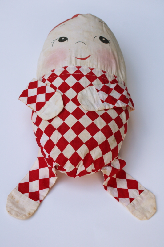 photo of 1940s or 50s vintage red & white cotton Humpty Dumpty stuffed doll, handmade toy nursery rhyme character  #1