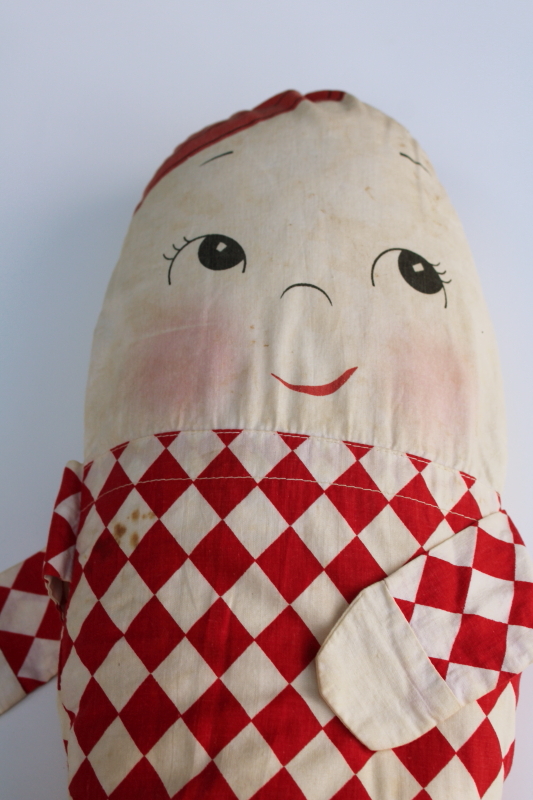 photo of 1940s or 50s vintage red & white cotton Humpty Dumpty stuffed doll, handmade toy nursery rhyme character #3