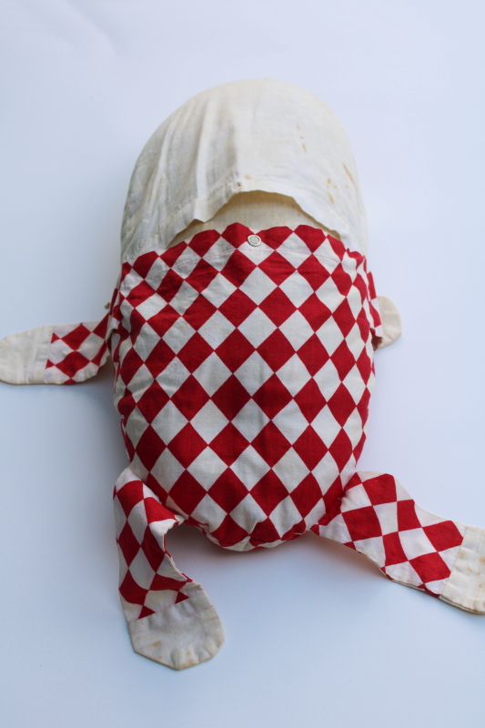 photo of 1940s or 50s vintage red & white cotton Humpty Dumpty stuffed doll, handmade toy nursery rhyme character #6
