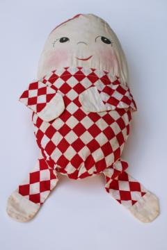 catalog photo of 1940s or 50s vintage red & white cotton Humpty Dumpty stuffed doll, handmade toy nursery rhyme character 