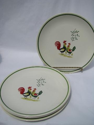 photo of 1940s pottery dinner plates, folk art rooster pattern, vintage kitchen #1