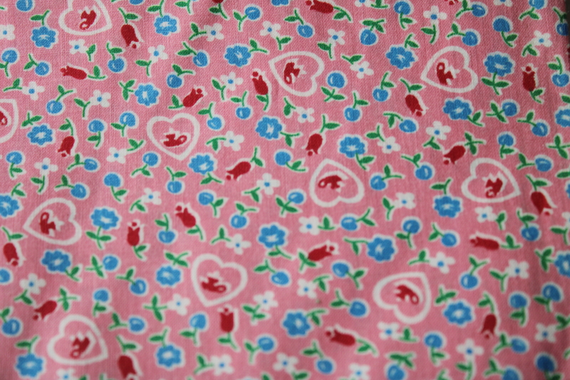 photo of 1940s vintage 36 wide cotton fabric, bubble gum pink w/ hearts, cherries, tiny flowers print #1