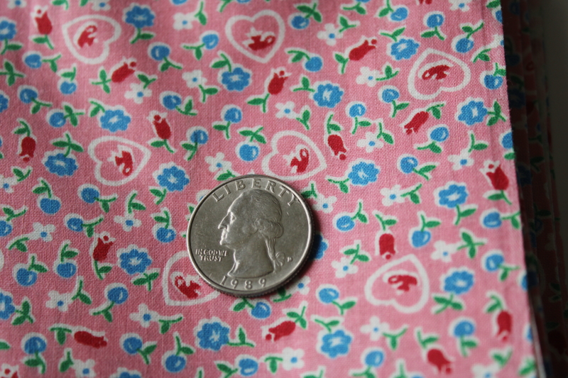 photo of 1940s vintage 36 wide cotton fabric, bubble gum pink w/ hearts, cherries, tiny flowers print #3