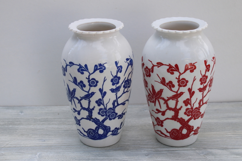 photo of 1940s vintage AH Vitrock milk glass vases, red blue cherry blossoms birds print #1