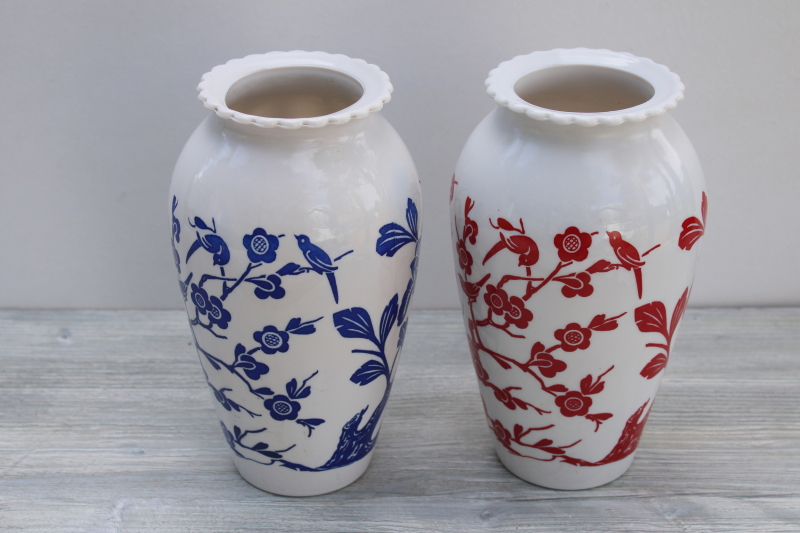 photo of 1940s vintage AH Vitrock milk glass vases, red blue cherry blossoms birds print #2
