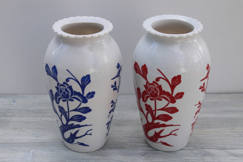 photo of 1940s vintage AH Vitrock milk glass vases, red blue cherry blossoms birds print #3
